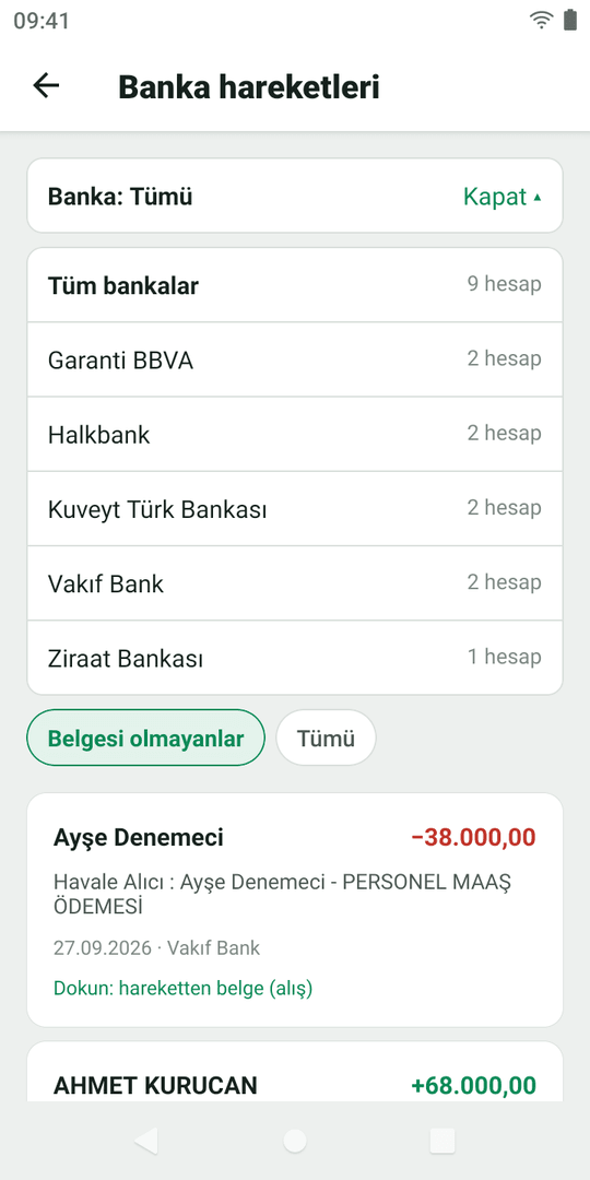 Banka hareketleri: banka seçici açık; Garanti BBVA, Halkbank, Kuveyt Türk, Vakıf Bank, Ziraat Bankası ve hesap sayıları.