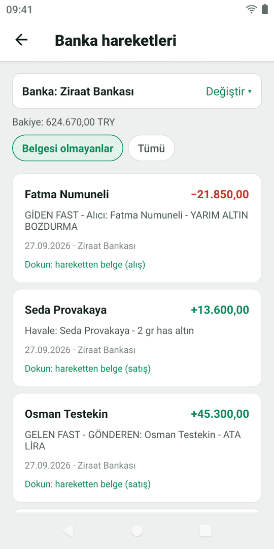 Ziraat Bankası hareketleri: bakiye; gelen ve giden havaleler, açıklamalar, hareketten belge.