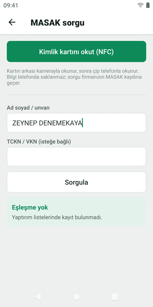 MASAK sorgu: Kimlik kartını okut (NFC) düğmesi, ad soyad ve TCKN alanları, Sorgula; sonuç eşleşme yok.